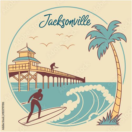 Jacksonville Surfing and Pier – Vintage Coastal Poster