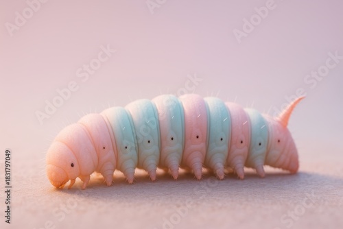 Whimsical candy-striped caterpillar larva with charming pink and blue sections