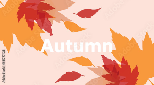 Minimalist vector illustration featuring stylized autumn maple leaves in warm shades of red and orange falling against a light pink background with the word autumn centered in white text