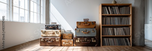 Vintage suitcases stacked beside modern bookshelf, bright loft, vinyl records on shelf