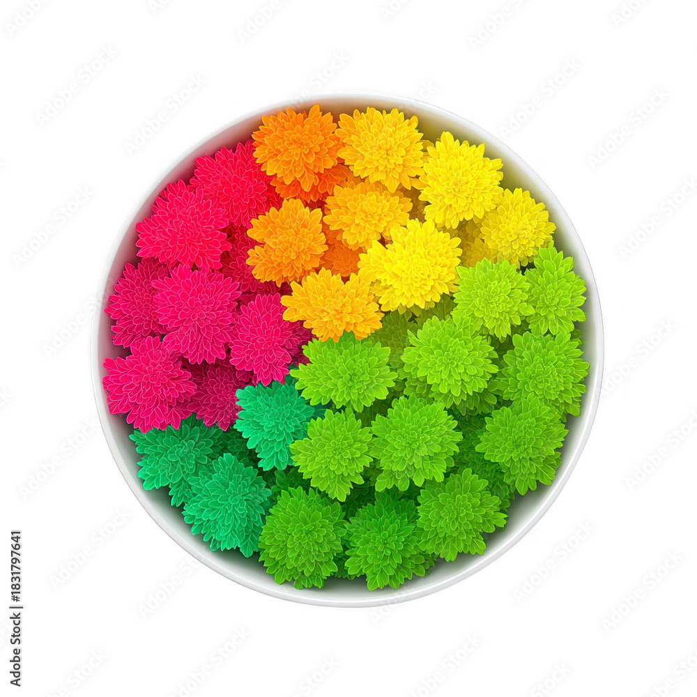 Fototapeta premium Colorful flower arrangement vibrant chrysanthemum round white bowl top view gradient rainbow pattern decorative floral display cheerful and bright isolated on white
