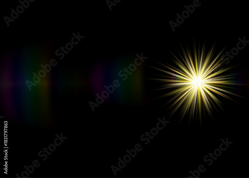 Sharp yellow star on the left side of a black background with crisp pointed rays and a subtle rainbow shimmer across the image. Soft iridescent glow adds a light sparkling effect.
