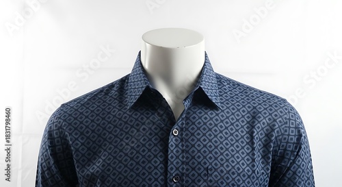 A male mannequin torso wearing a dark blue batik shirt with a subtle geometric pattern. Shot against a pure white seamless background