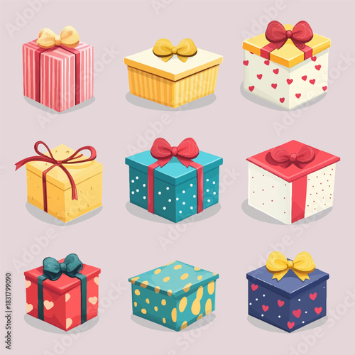 Set, collection of elegant, festive boxes, with bow, ribbon, polka dots, stripes, hearts, a present, a gift