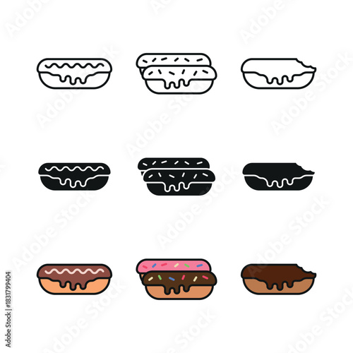 Eclair set icon line glyph color for dessert bakery and sweet food illustration