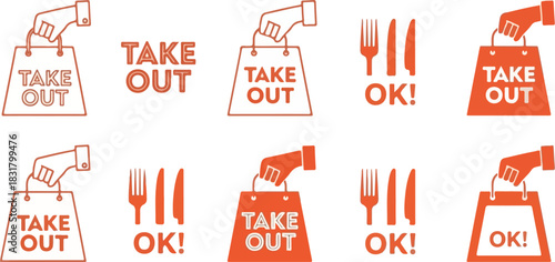Food service signage with take out OK icons and utensils for restaurant