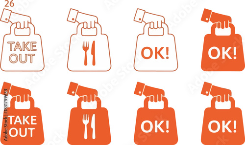 Takeout and OK Icons for Food Delivery and Service.