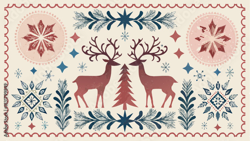 Enchanting winter reindeer art with snowflakes and floral accents, perfect for holiday cards, seasonal decor, and festive craft projects created from vector design
