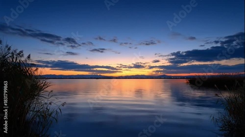 Wallpaper Mural Still lake reflects a dusky sky with orangetinged clouds framed by reeds on either side Torontodigital.ca