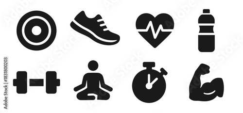 Fitness icon collection in black. Includes weight plate, running shoe, heart rate, water bottle, dumbbell, yoga pose, stopwatch and flexed arm