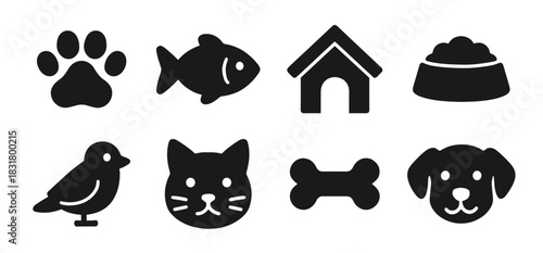 Pets and animals icon collection in black. Includes paw, fish, doghouse, pet bowl, bird, cat face, bone and dog face. The icons are simple, bold, and clear for universal pet use