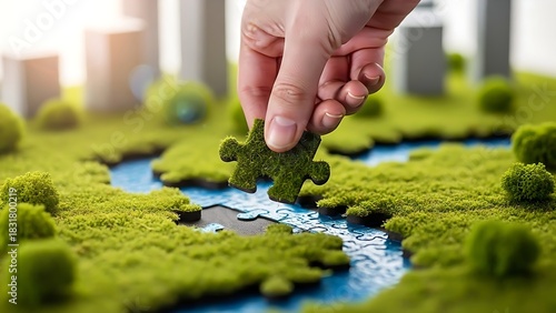 Hand placing a green puzzle piece, symbolizing environmental solutions and sustainability