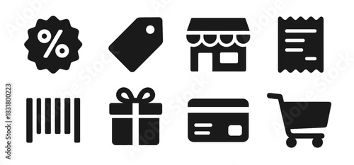 Shopping and retail icon collection in black. Includes discount badge, price tag, store building, receipt, barcode, gift box, credit card and shopping cart