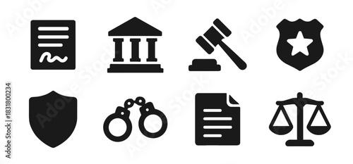Law and justice icon collection in black. Includes contract, courthouse, gavel, police badge, shield, handcuffs, document and scales of justice. The icons are bold, minimal and suitable