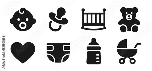 Baby icon collection in black. Includes baby face, pacifier, crib, teddy bear, heart, diaper, milk bottle, and stroller