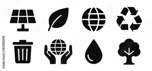 Ecology icon collection in black. Includes solar panel, leaf, globe, recycle symbol, trash bin, hands holding globe, water drop and tree. The icons look clean and simple for environmental themes