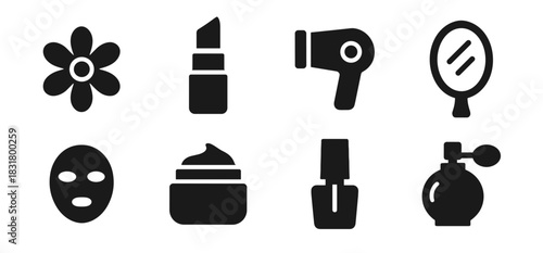 Beauty icon collection in black. Includes flower, lipstick, hair dryer, mirror, face mask, cream jar, nail polish and perfume