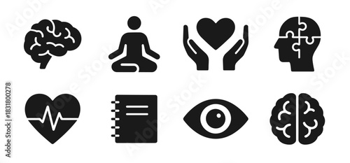 Mental health icon collection in black. Includes brain, meditation pose, hands holding heart, puzzle head, heart rate, notebook, eye and brain halves