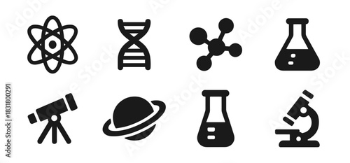 Science and research icon collection in black. Includes atom, dna, molecule, flask, telescope, planet, second flask and microscope. The icons are simple, bold, and clear for universal scientific use