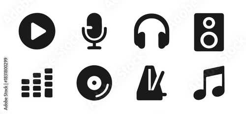Music and audio icon collection in black. Includes play button, microphone, headphones, speaker, equalizer, vinyl record, metronome and music note
