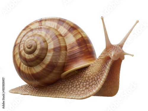 Garden snail isolated PNG on transparent background, brown shell snail with antennae, crawling gastropod mollusk for biology and nature studies