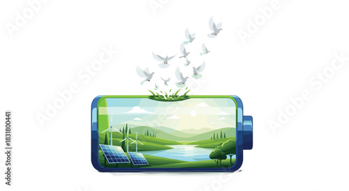 Battery filled with nature and birds flying out symbolizing energy, Generative AI.