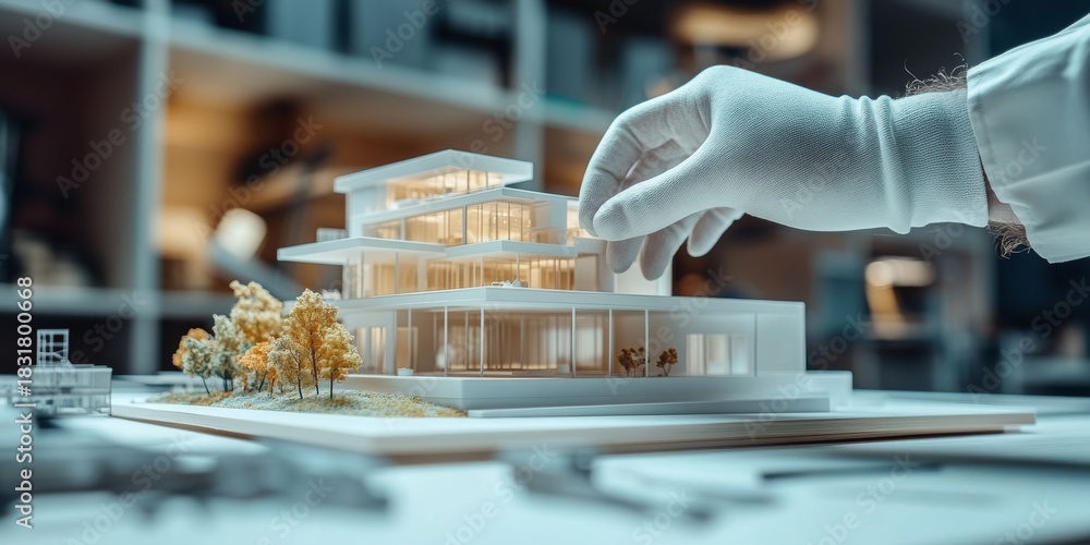 Obraz premium Architect placing miniature tree near modern architectural model of house