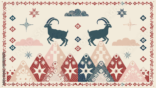 Rustic mountain goats amidst snowy peaks design, perfect for winter holidays, cozy cabin decor, or unique nature-inspired textiles in a Scandinavian style