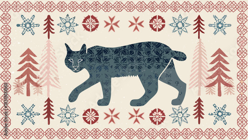 Enchanting winter scene of a lynx walking through a festive forest of patterned trees and snowflakes, perfect for seasonal greetings and decorative designs