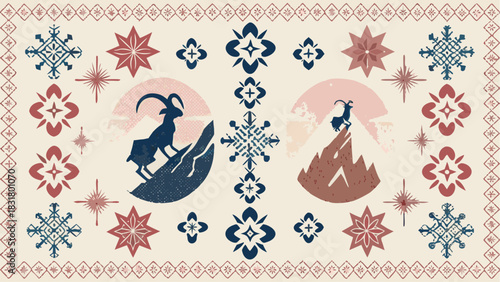 Charming alpine folk art pattern with mountain goats, stars, and floral elements, perfect for cozy winter designs and rustic decor, timeless and evocative