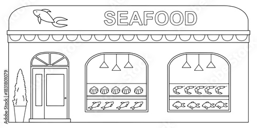 Seafood store building shop exterior graphic black white isolated sketch illustration vector 