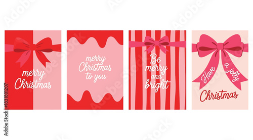 Collection of four modern and colorful christmas greeting card designs featuring pink and red color palettes, bows, stripes, and festive holiday messages in a flat graphic style
