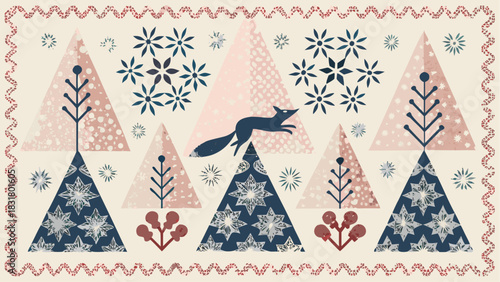 Enchanting winter scene with whimsical trees, snowflakes and a leaping fox, evokes cozy holidays and rustic charm, perfect for seasonal designs