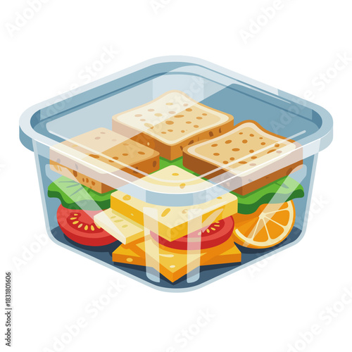 Expired food in transparent container with bread, cheese, and vegetables  isolated on a transparent background