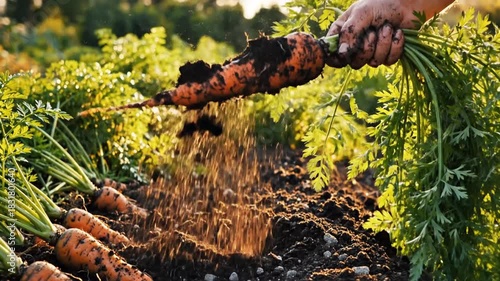 Harvesting carrots in a field hand picking fresh root vegetables