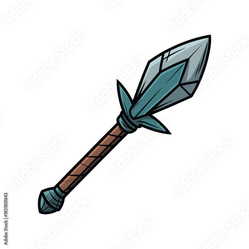 A cartoon illustration of a spear, it has a blue pointed tip, brown handle and is isolated.