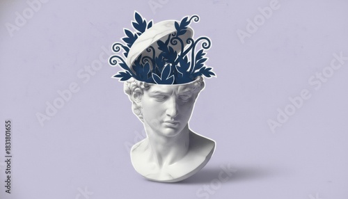 White classical marble bust head statue with its skull opened to reveal dark blue stylized plants growing from inside, a surreal conceptual collage on a light purple background