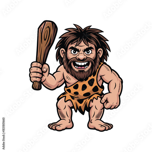 Cartoon caveman character with a club, wearing animal skin, ready for a prehistoric fight.