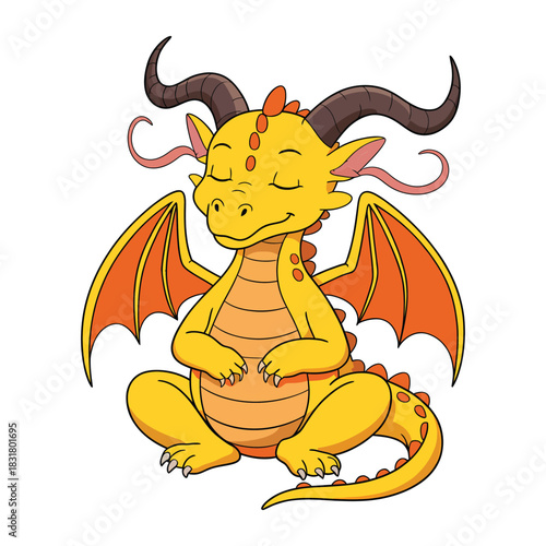 Cute yellow cartoon baby dragon meditating peacefully with eyes closed