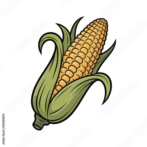 Golden ear of corn, kernels aligned, wrapped in green leaves. A wholesome bounty of harvest.