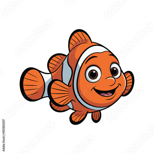 Adorable cartoon clownfish with bright orange and white stripes swimming joyfully forward.