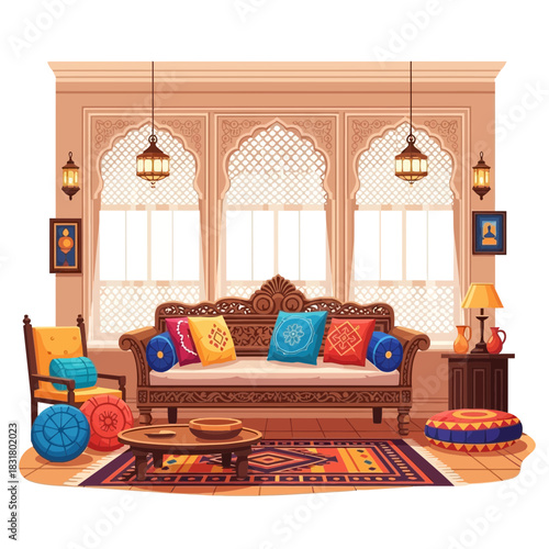 Elegant Arabian styled room with intricate designs and cozy furnishings