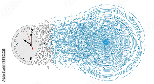 Clock Dissolving into Digital Particles and Swirls, Generative AI.