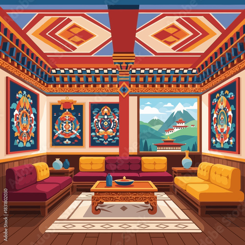 Elegant Bhutanese Living Room Interior with Traditional Decor Elements