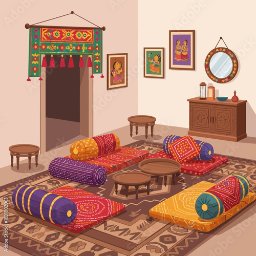 Detailed Interior of a Traditional Indian Room with Cushions and Decorations