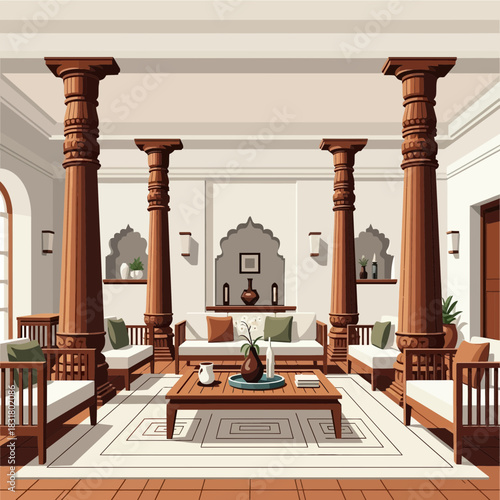 Elegant living room interior with traditional architecture and wooden elements