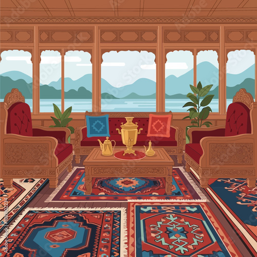 Illustration of a lavish traditional living room with a serene lake view