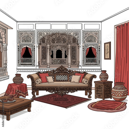 Illustration of an Indian-style living room interior with traditional furniture