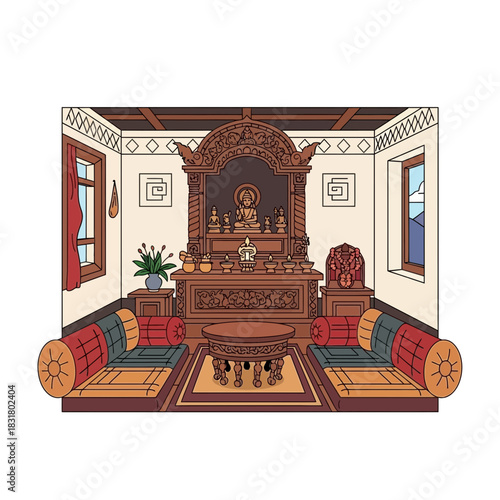 Ornate prayer room with buddha statue, traditional meditation space and decoration