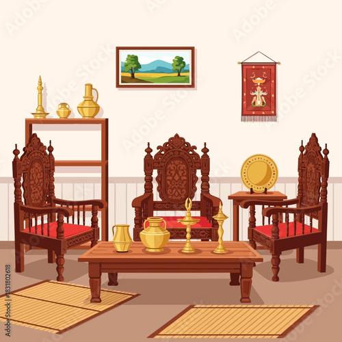 Traditional Kerala home interior design with antique furniture and décor items